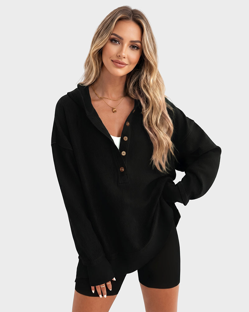 Ribbed collared oversized sweatshirt with button placket for women