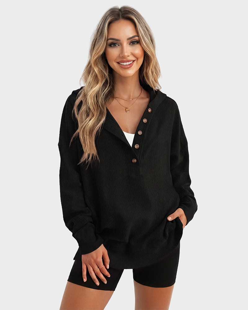 Ribbed collared oversized sweatshirt with button placket for women