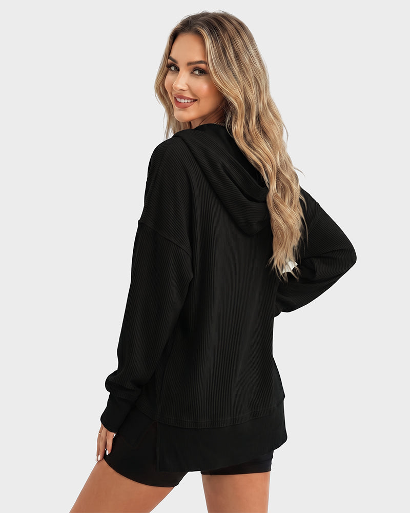 Ribbed collared oversized sweatshirt with button placket for women