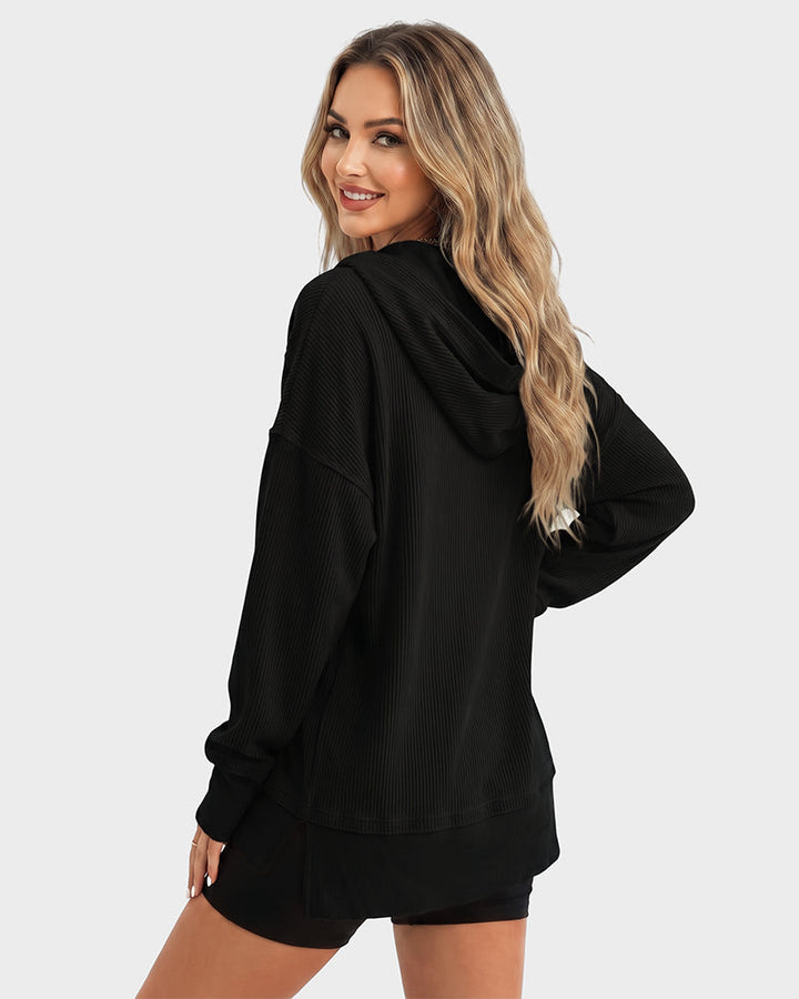 Ribbed collared oversized sweatshirt with button placket for women