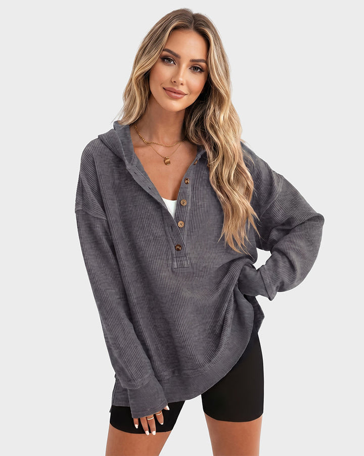 Ribbed collared oversized sweatshirt with button placket for women