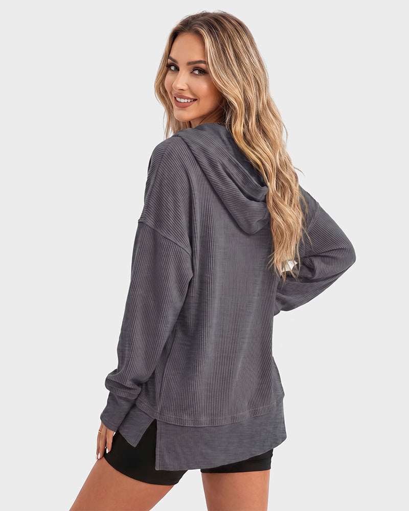 Ribbed collared oversized sweatshirt with button placket for women