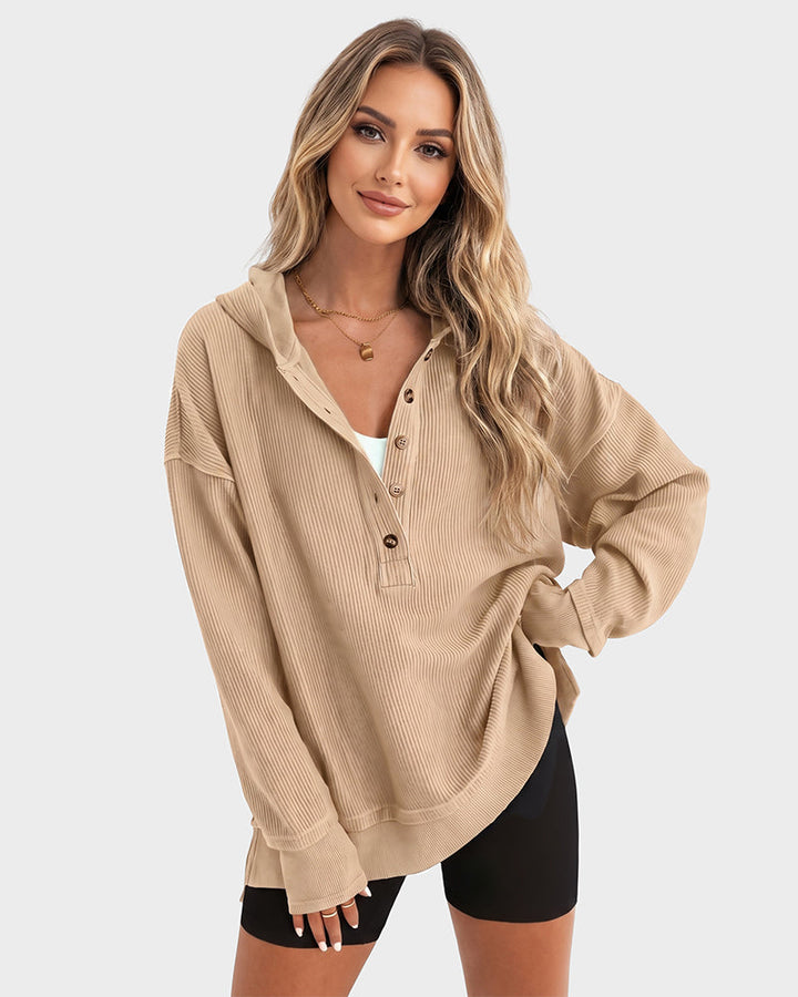 Ribbed collared oversized sweatshirt with button placket for women