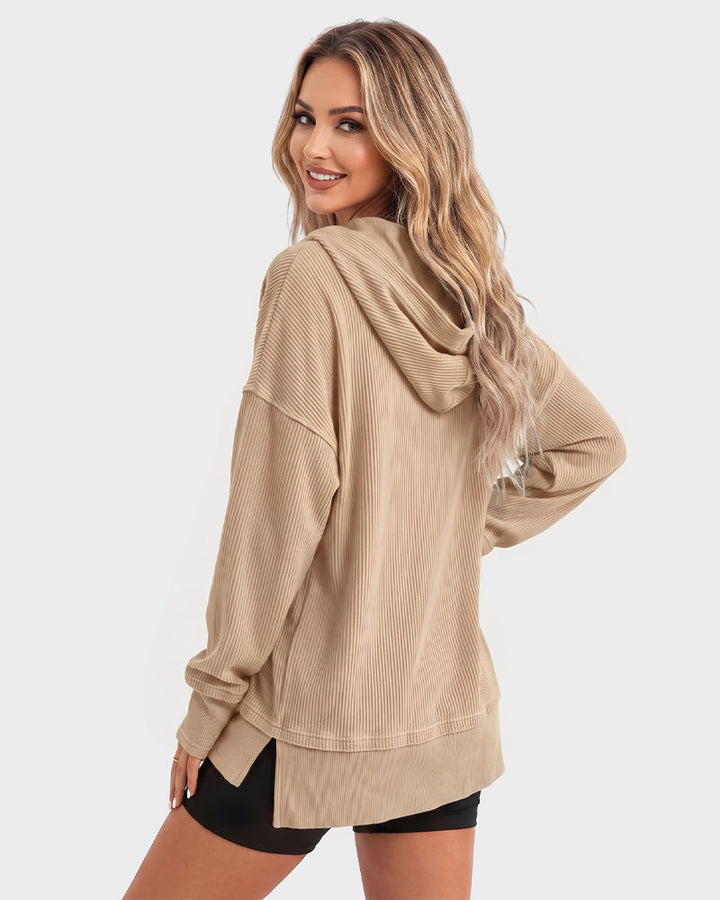 Ribbed collared oversized sweatshirt with button placket for women