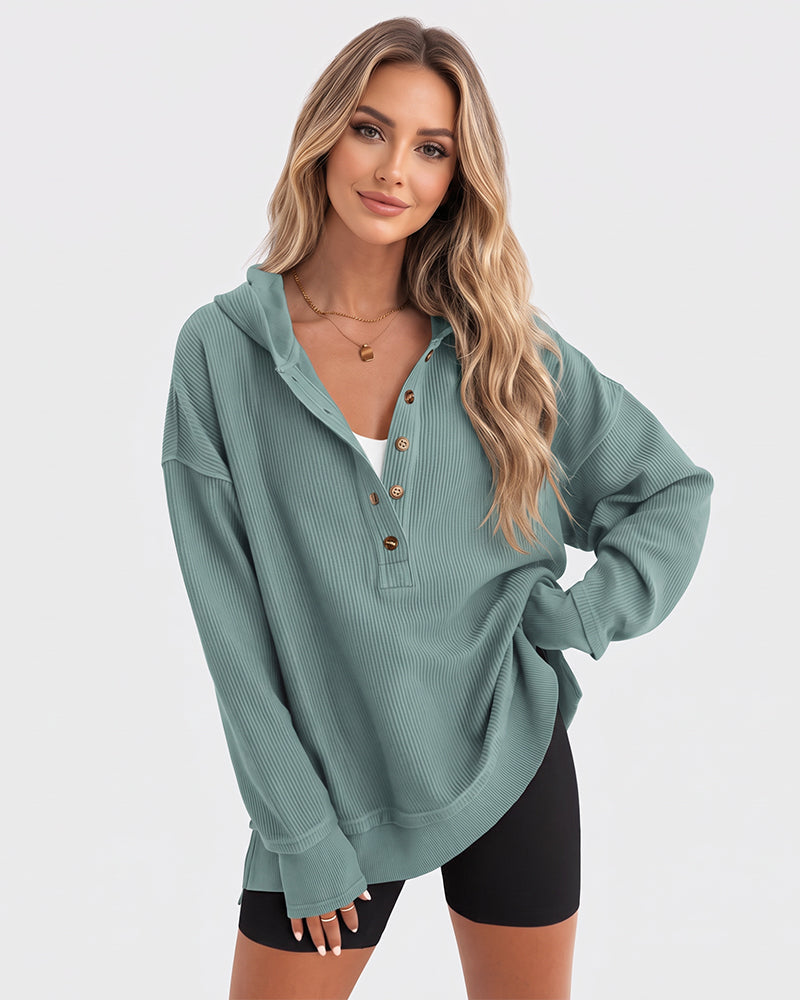 Ribbed collared oversized sweatshirt with button placket for women