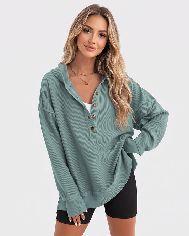 Ribbed collared oversized sweatshirt with button placket for women
