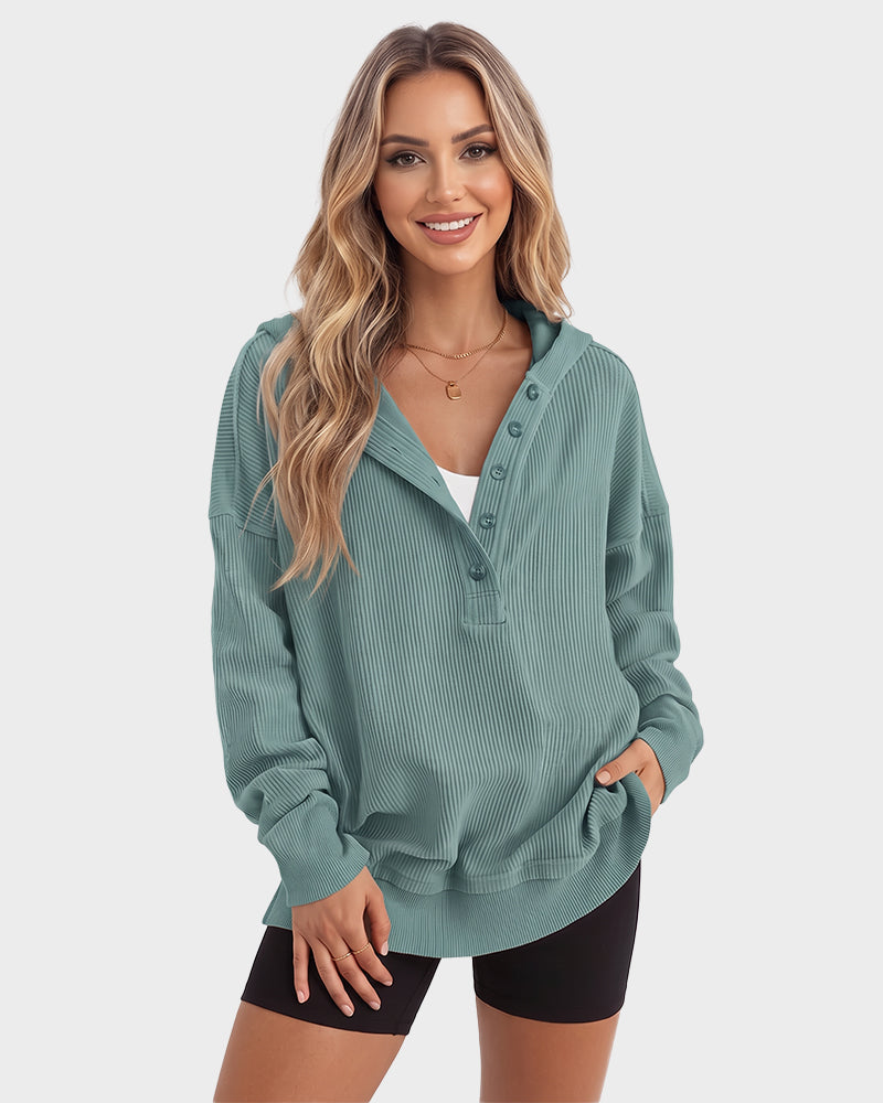 Ribbed collared oversized sweatshirt with button placket for women
