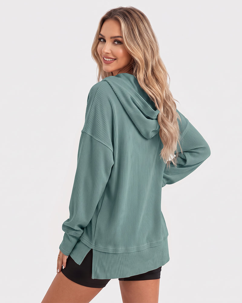 Ribbed collared oversized sweatshirt with button placket for women