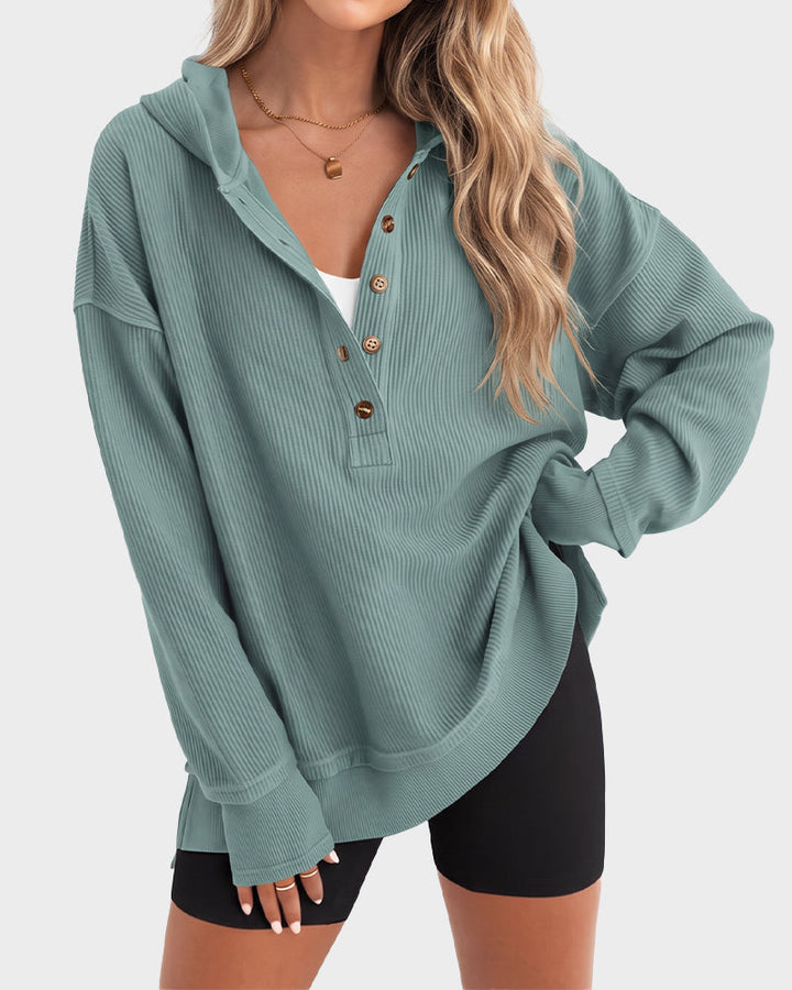 Ribbed collared oversized sweatshirt with button placket for women