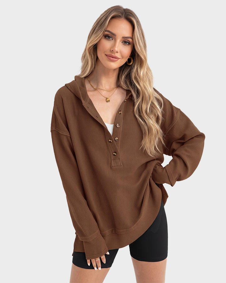 Ribbed collared oversized sweatshirt with button placket for women