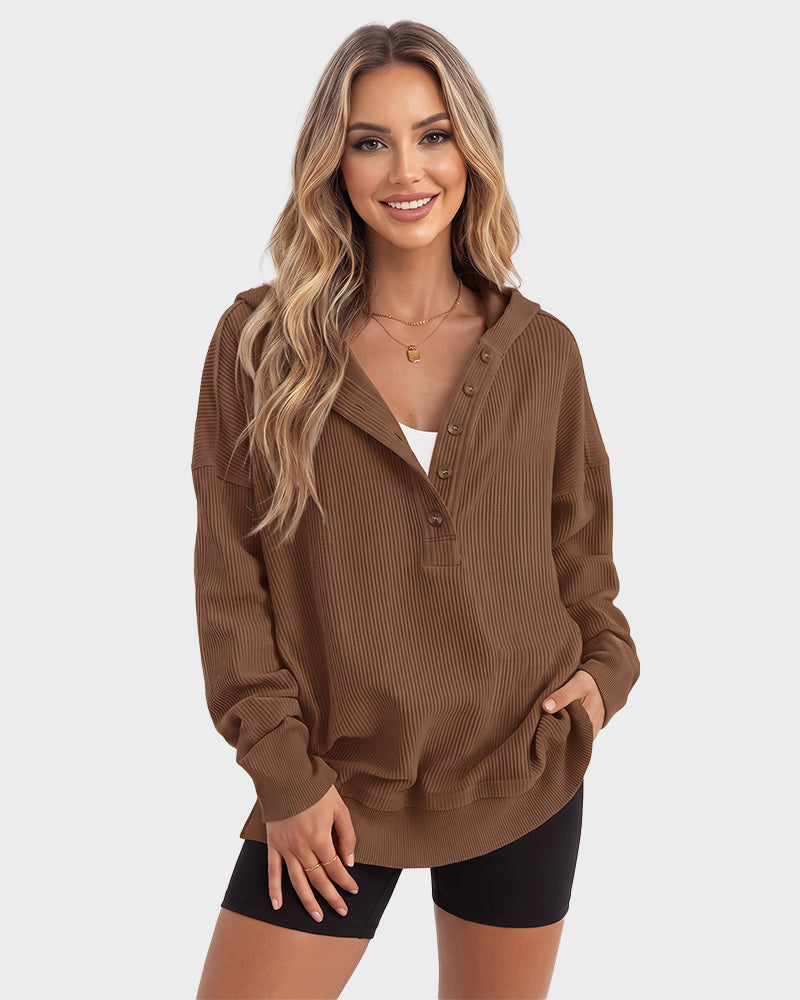 Ribbed collared oversized sweatshirt with button placket for women