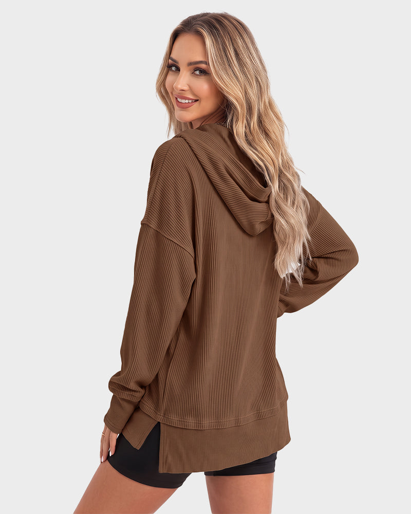 Ribbed collared oversized sweatshirt with button placket for women