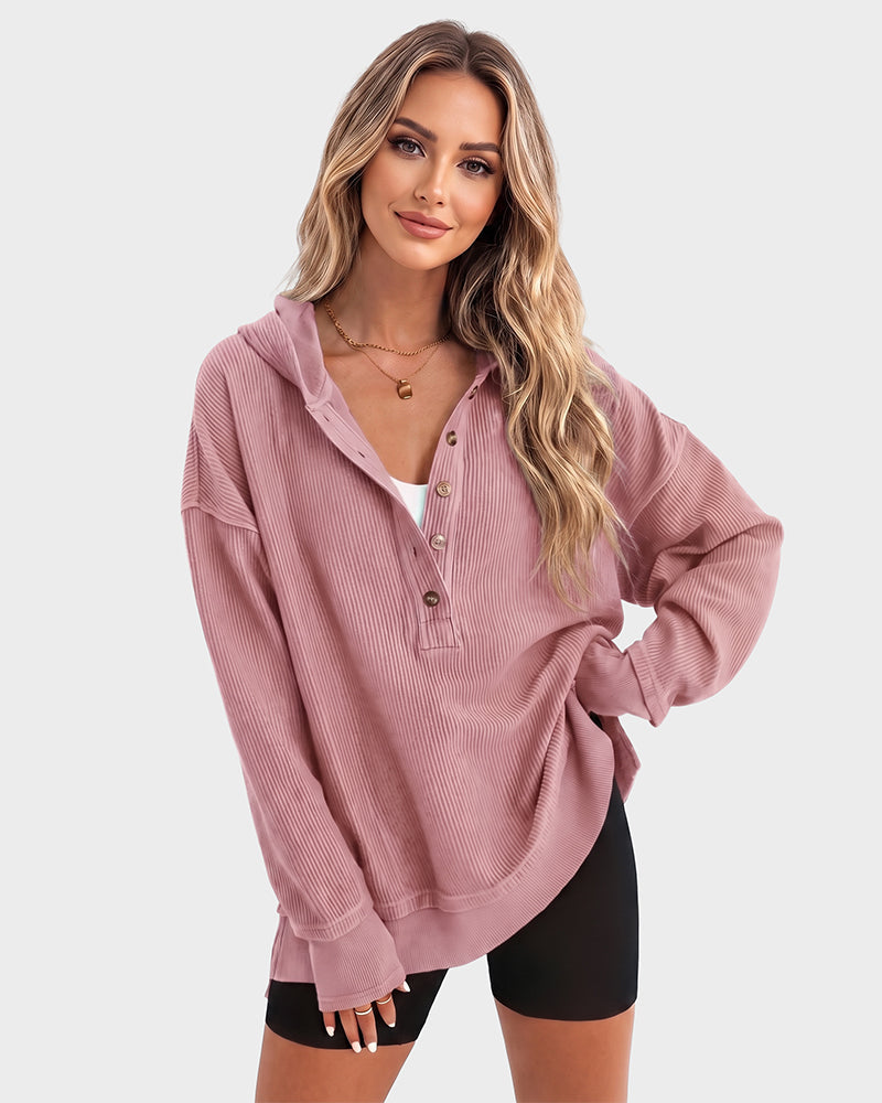 Ribbed collared oversized sweatshirt with button placket for women