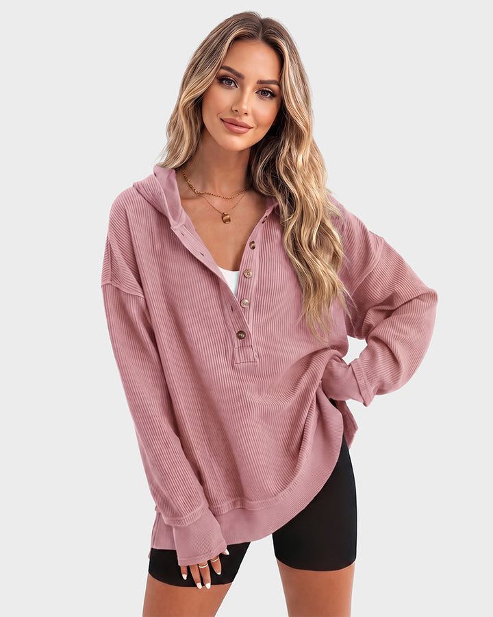 Ribbed collared oversized sweatshirt with button placket for women