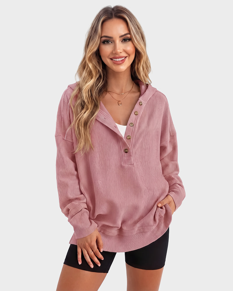 Ribbed collared oversized sweatshirt with button placket for women