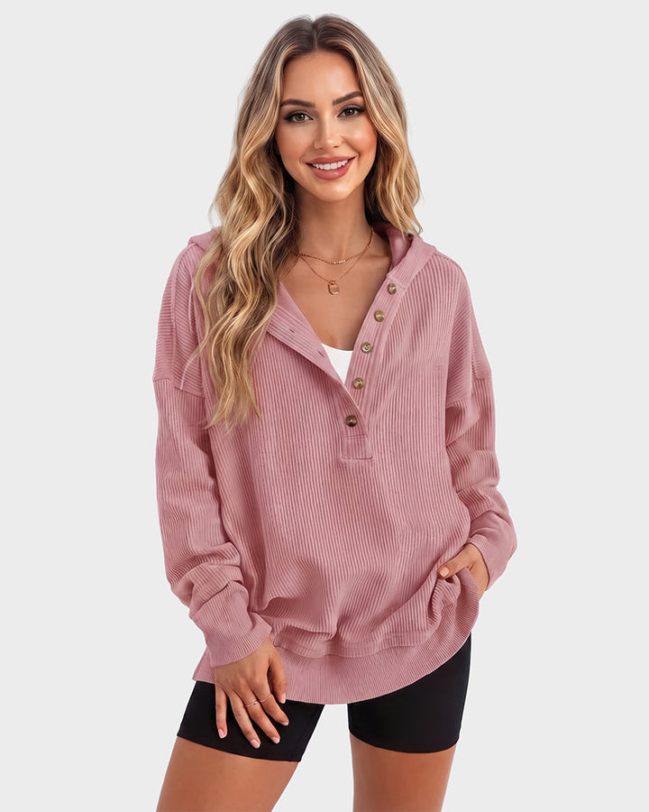 Ribbed collared oversized sweatshirt with button placket for women