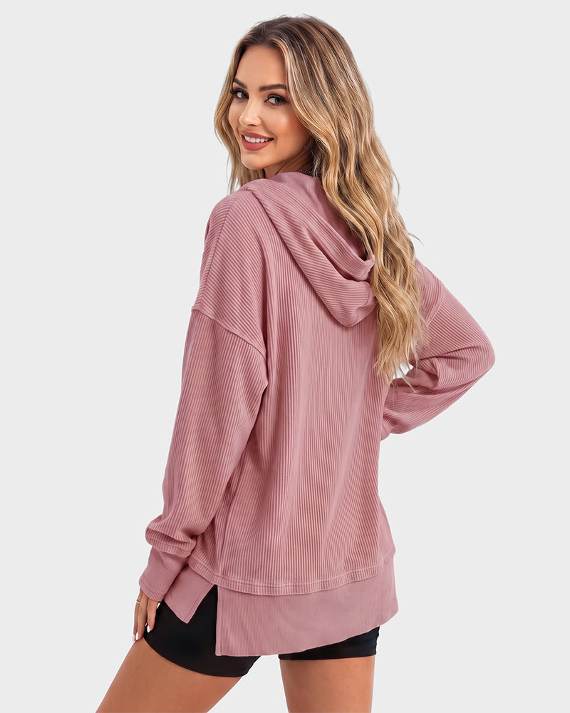 Ribbed collared oversized sweatshirt with button placket for women
