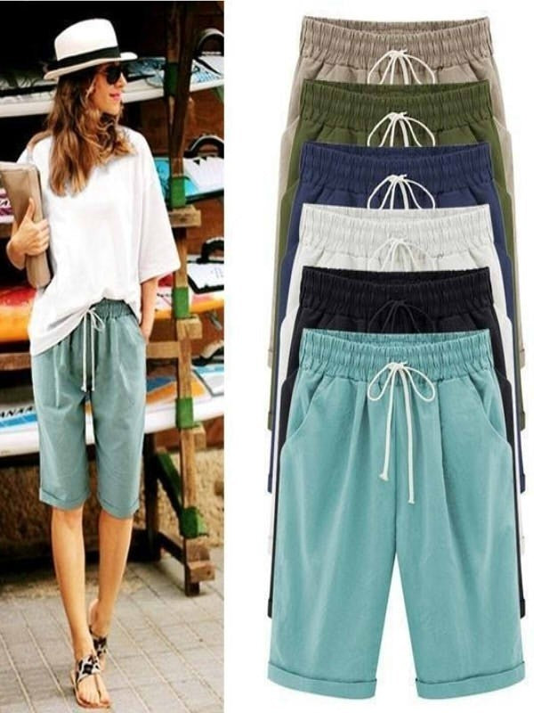 Cotton drawstring shorts with pockets and tie sash for women