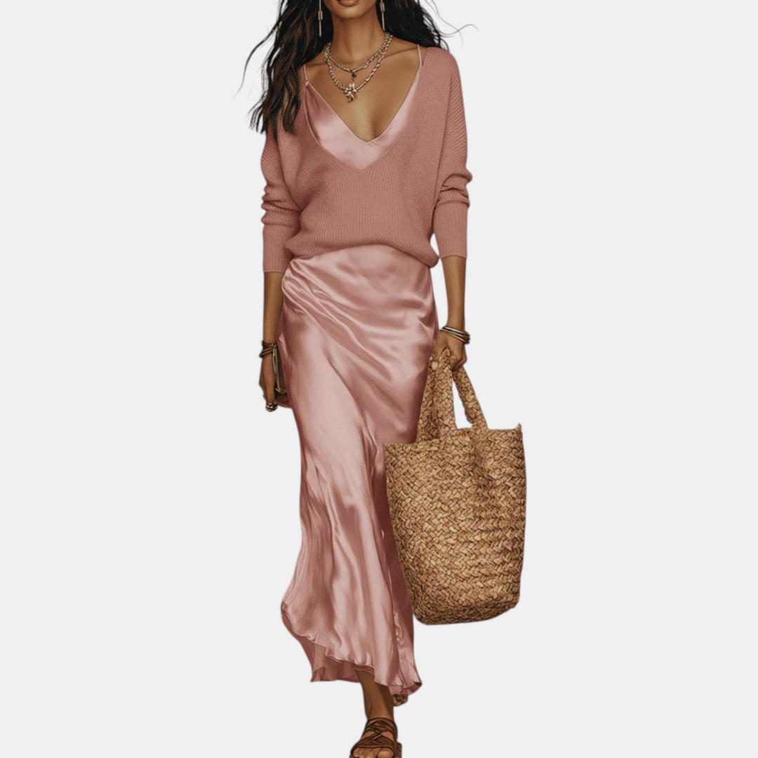 Knit sweater and satin midi skirt set two-piece for women