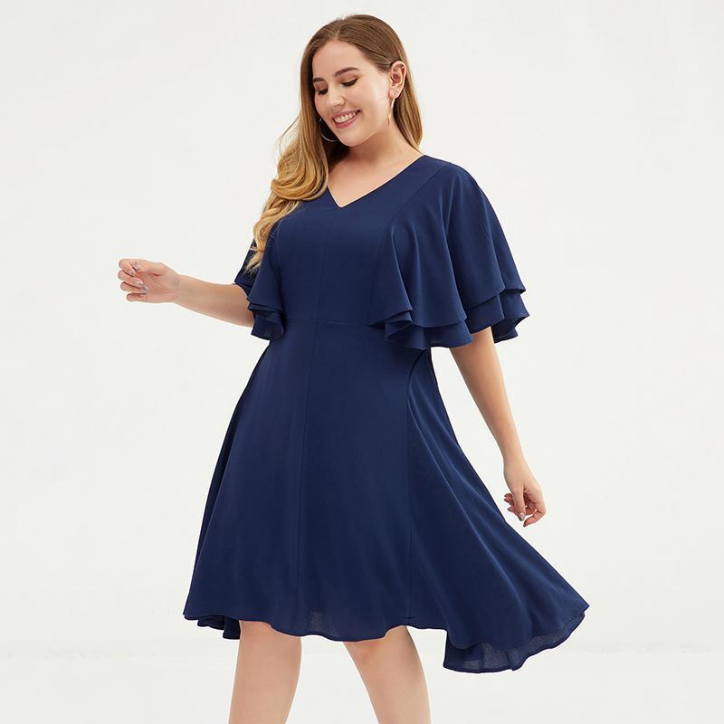 Plus size butterfly sleeve layered V-neck dress for women