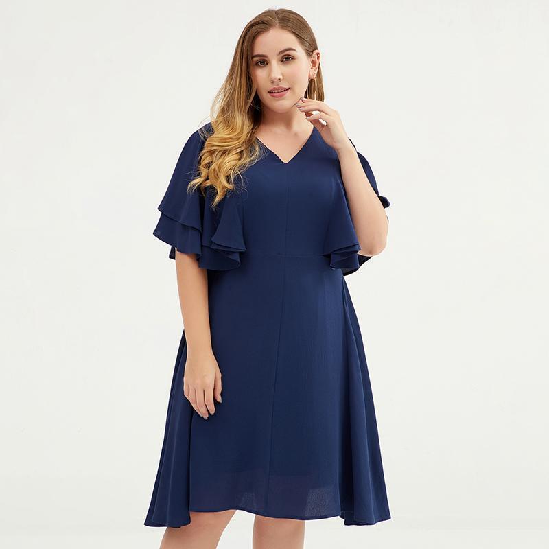 Plus size butterfly sleeve layered V-neck dress for women