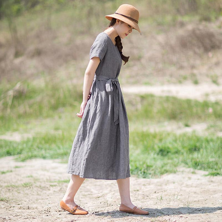 Plus size linen rayon midi dress with short sleeves for women