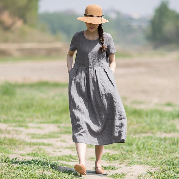 Plus size linen rayon midi dress with short sleeves for women