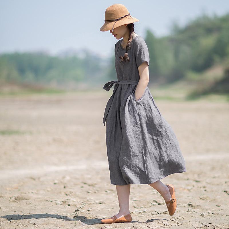 Plus size linen rayon midi dress with short sleeves for women