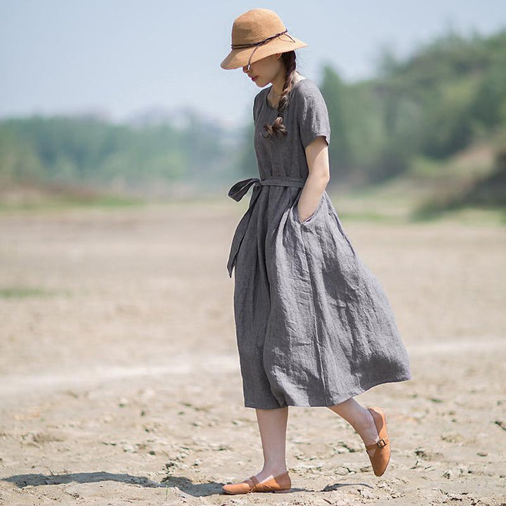 Plus size linen rayon midi dress with short sleeves for women