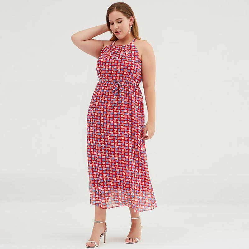 Plus size geometric print halter maxi dress for women