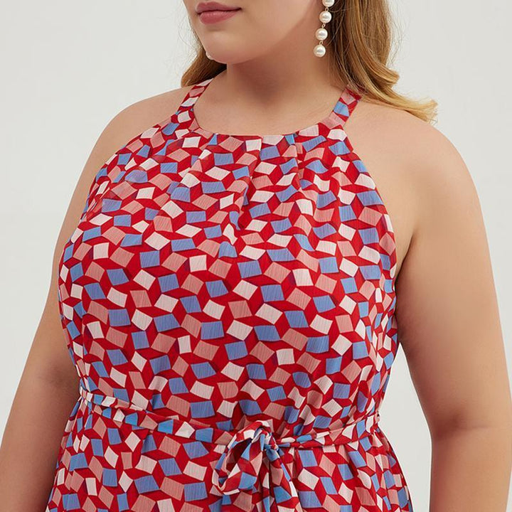 Plus size geometric print halter maxi dress for women