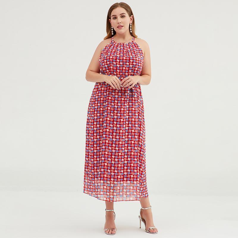 Plus size geometric print halter maxi dress for women
