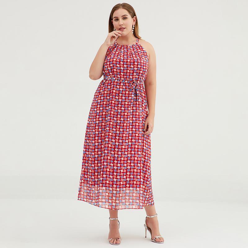 Plus size geometric print halter maxi dress for women