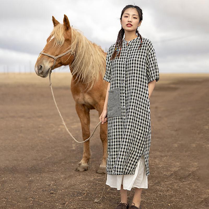 Plus size plaid linen midi dress with patchwork pockets for women