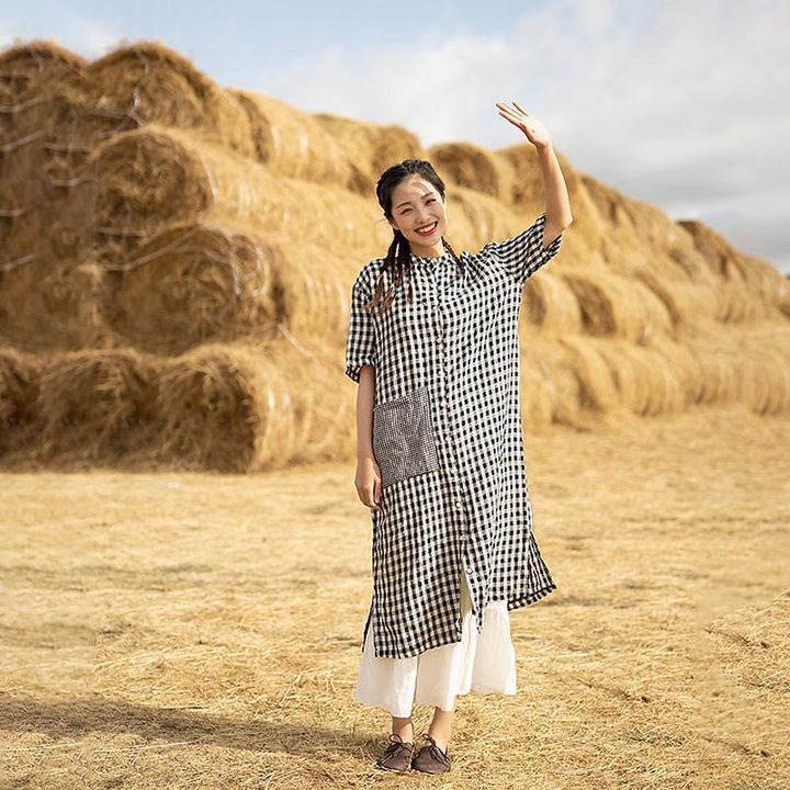 Plus size plaid linen midi dress with patchwork pockets for women