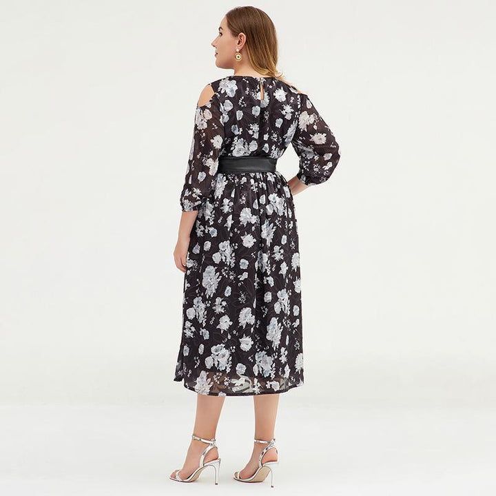 Plus size floral chiffon maxi dress with cold shoulders for women