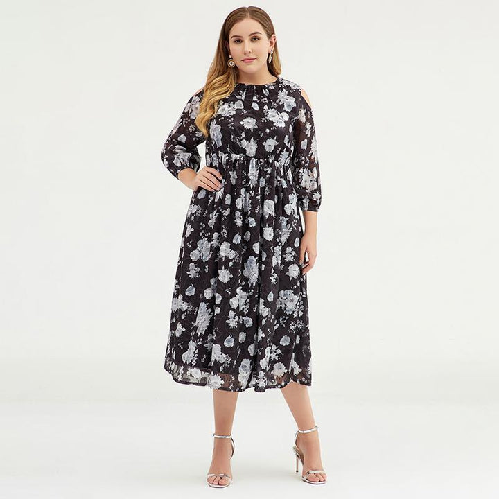 Plus size floral chiffon maxi dress with cold shoulders for women