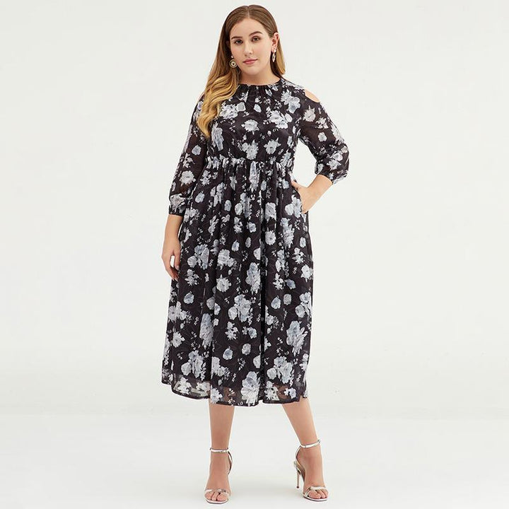 Plus size floral chiffon maxi dress with cold shoulders for women