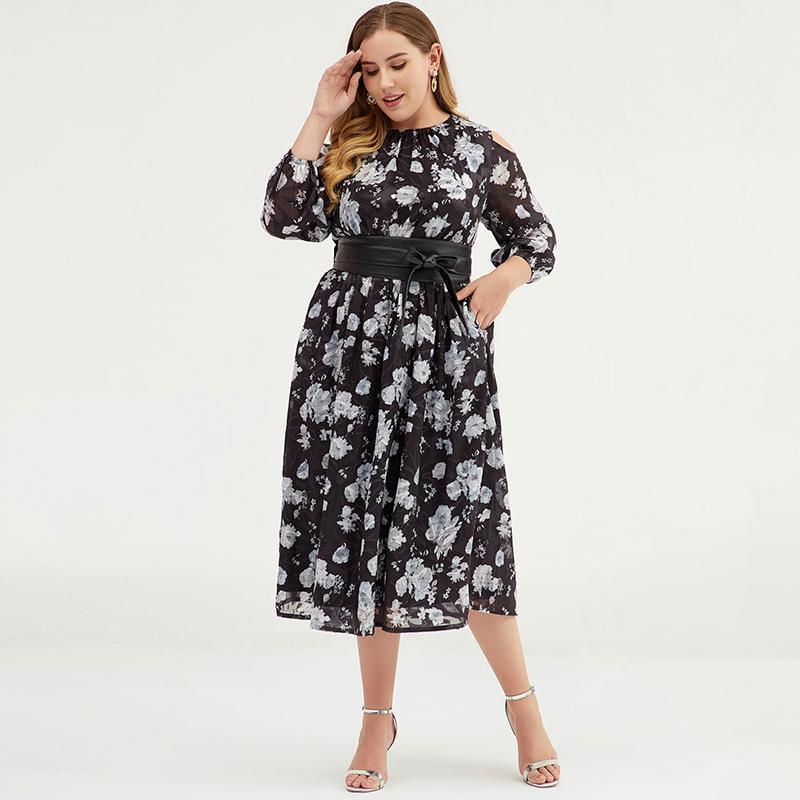 Plus size floral chiffon maxi dress with cold shoulders for women