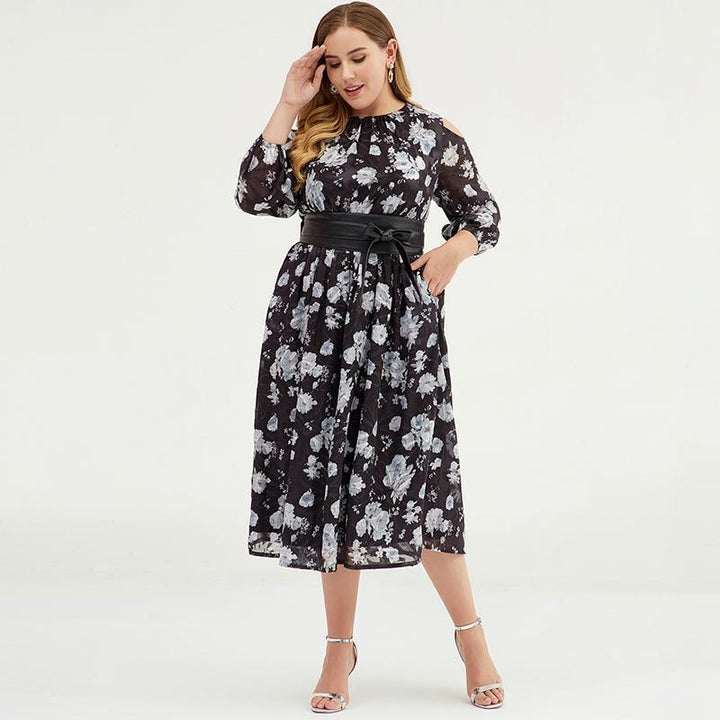 Plus size floral chiffon maxi dress with cold shoulders for women