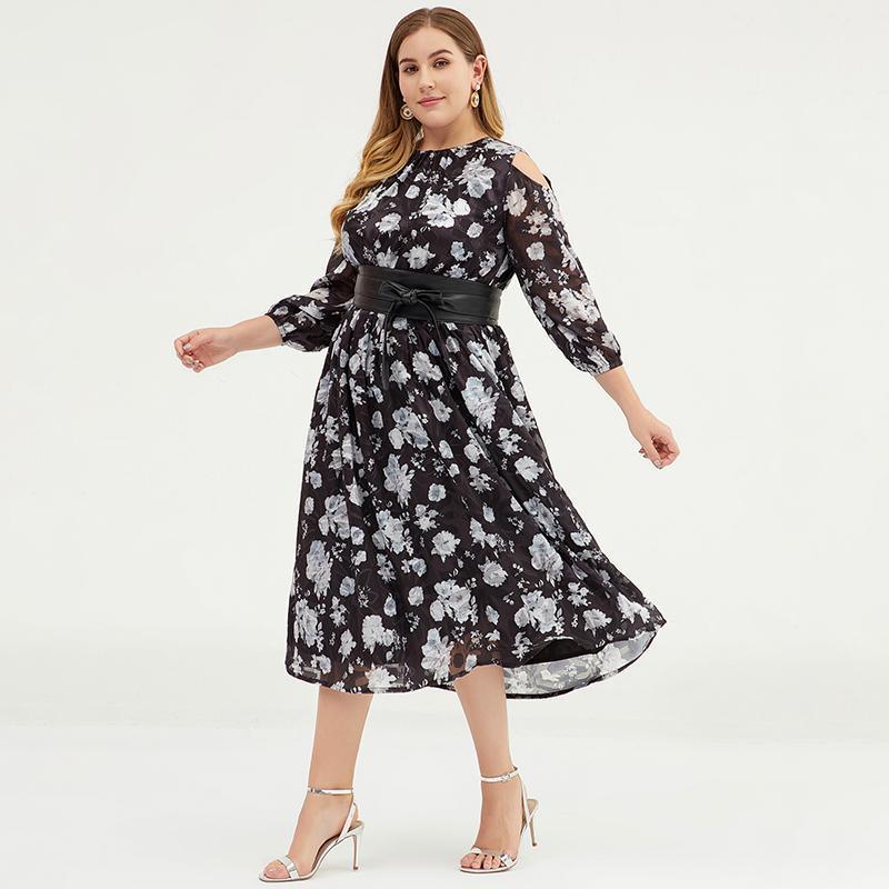 Plus size floral chiffon maxi dress with cold shoulders for women