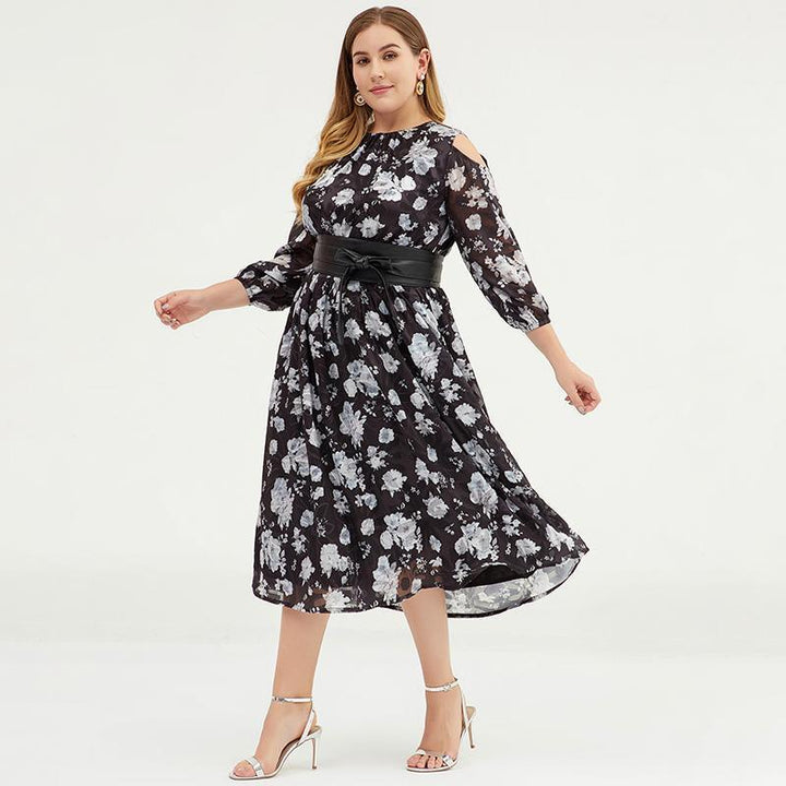 Plus size floral chiffon maxi dress with cold shoulders for women