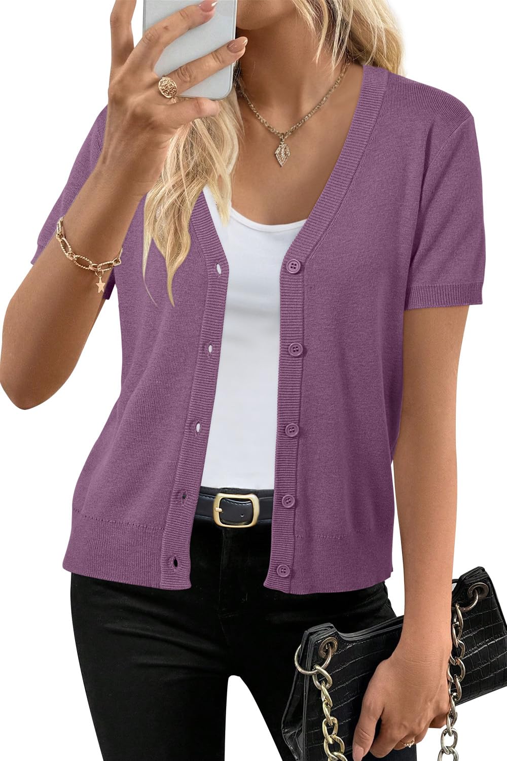 Short sleeve knit cardigan wool blend with button front for women
