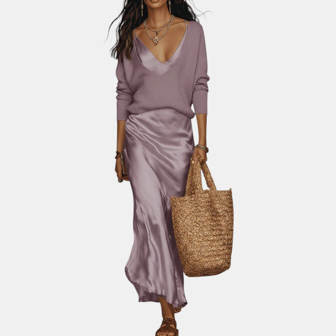 Knit sweater and satin midi skirt set two-piece for women