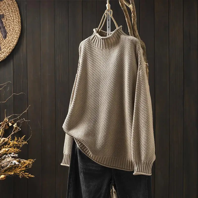 Mock neck chunky knit sweater relaxed fit for women