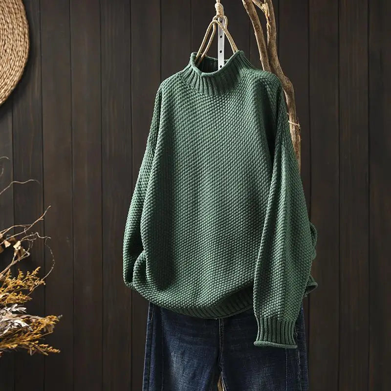 Mock neck chunky knit sweater relaxed fit for women
