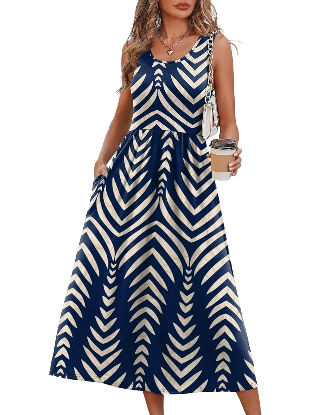 Printed sleeveless midi dress with pockets for women