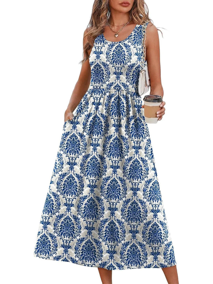 Printed sleeveless midi dress with pockets for women