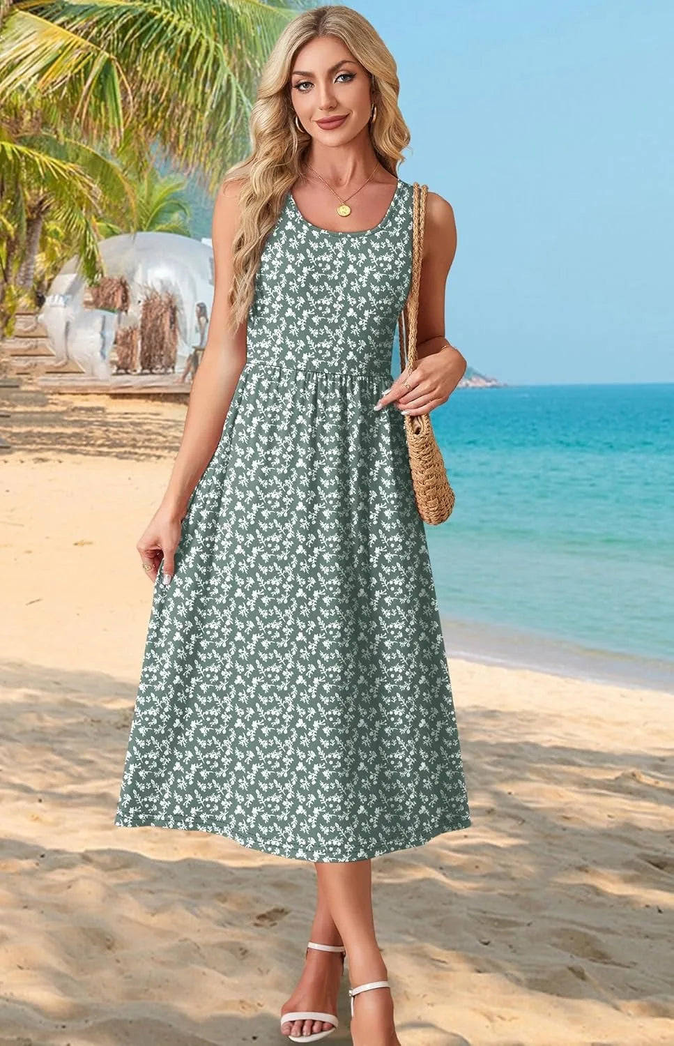 Printed sleeveless midi dress with pockets for women
