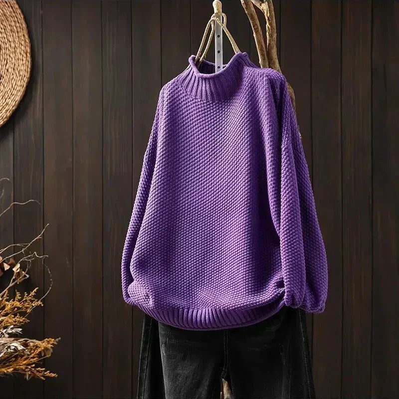 Mock neck chunky knit sweater relaxed fit for women